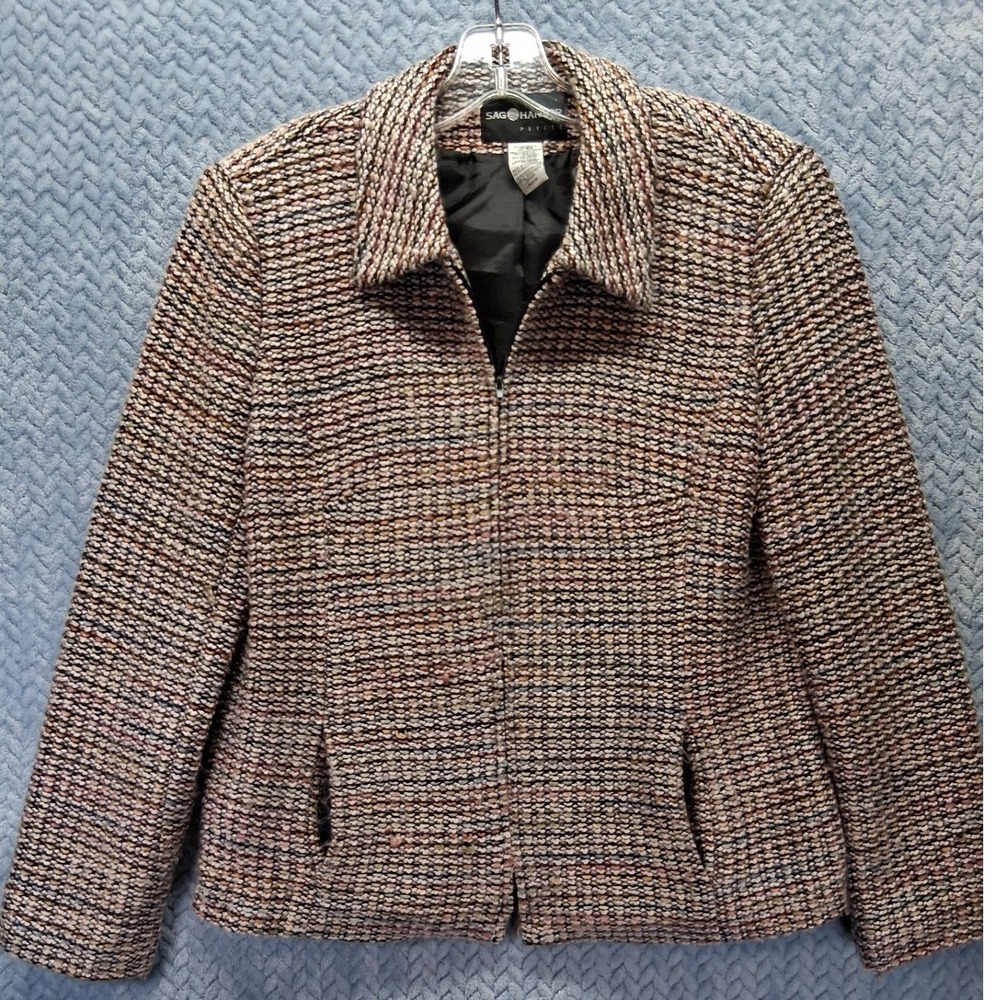 Sag Harbor Petite Multi Color Knit Full Zip Jacket Size 6P Pockets Cabincore